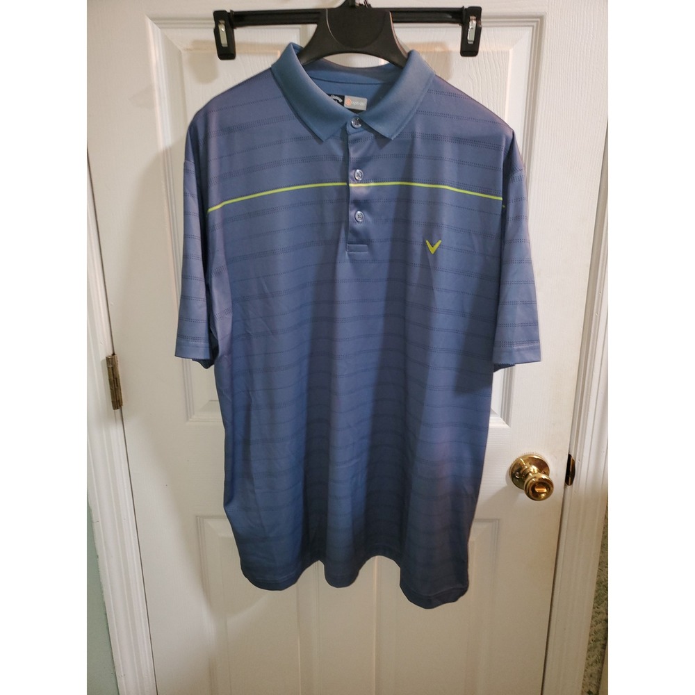 Callaway Opti-Dri Mens XL Blue Striped Golf Polo Shirt Short Sleeve Lime Accent